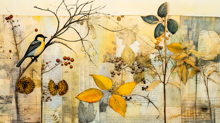 Paysage de nature en collage sur papier - obrazy, fototapety, plakaty
