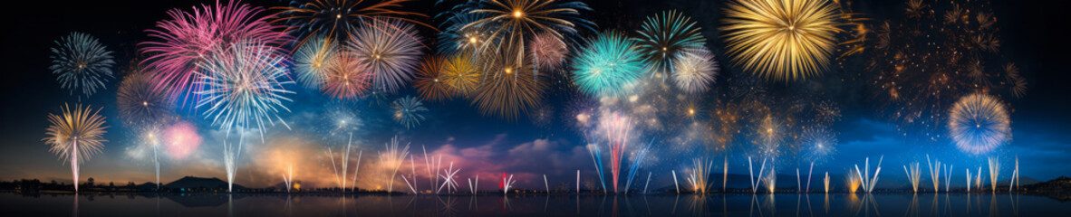 Fototapeta na wymiar Fireworks banner, celebration, new year eve, colorful, panorama, panoramic