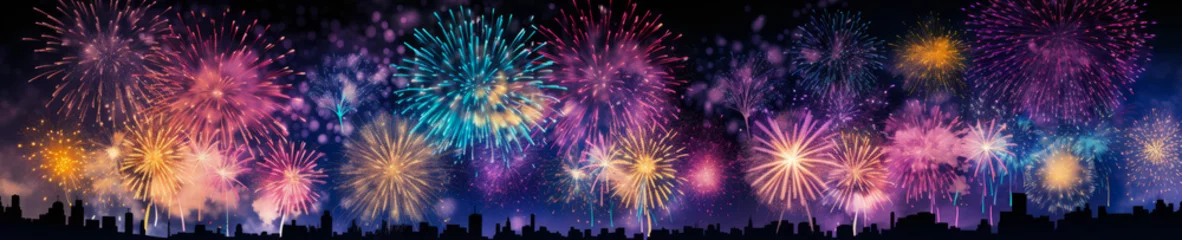 Fotobehang Fireworks banner, celebration, new year eve, colorful, panorama, panoramic © Florian