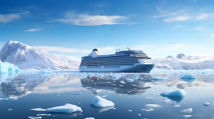 Cruise ship in Canada's or Antarctica's breathtaking northern landscape with ice glaciers - obrazy, fototapety, plakaty