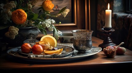 Specifics of a still life in the living room of a house. candles and a serving tray containing a cup of tea
