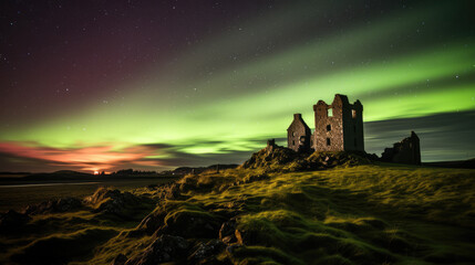 Castle ruins with aurora borealis. Stunning photo during night.