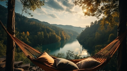 resting at camping woman laying in hammock with beautiful view of forest lake. generative ai - obrazy, fototapety, plakaty