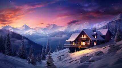 Fototapeta premium Wonderful winter scene with a wooden house surrounded by snow-capped mountains. Peaks of high mountains in a hazy dusk sky