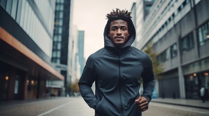 Exercise and workout for motivation, a strong mentality, and the energy of healthy goals are provided by fitness, a black man and hoodie sprinting across the city.