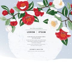 Vector Illustration of Floral Frame with Snowfall on Fully Bloomed Camellia Branches 	