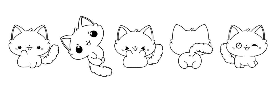 Collection of Vector Cartoon Ragdoll Kitty Coloring Page. Set of Kawaii Isolated Baby Animal Outline for Stickers, Baby Shower, Coloring Book, Prints for Clothes