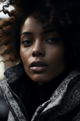 Candid Urban Snapshot of a Stylish Black Woman - Natural Hair & Vibrant Fall Fashion on City Streets.