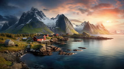 Lovely view from above on Lofoten, part of Norway. Spring time and sunrise sun hitting top of the peaks.