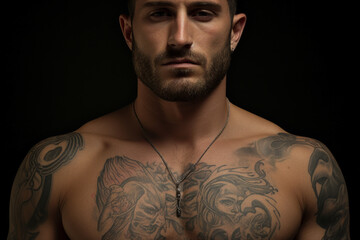 Close up photo of full body tattooed handsome man in creative design picture made with generative ai