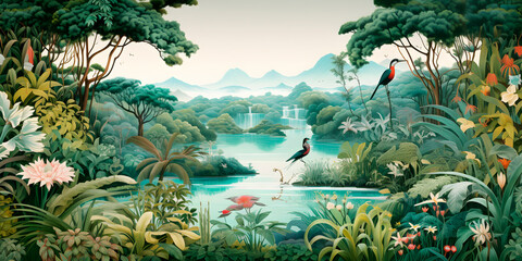 Fototapeta na wymiar Detailed illustration of wild nature with wildlife birds and animals, jungle, flying, wilderness, birds