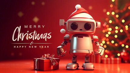 Retro Robot Toy Celebrating Christmas with Festive Christmas Background. 