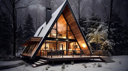 Frost-covered modern A-frame cabin in the middle of a woodland during the winter - Powered by Adobe