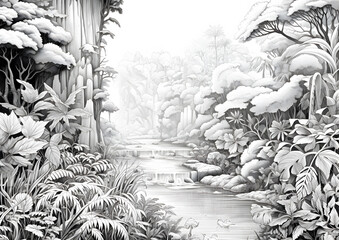 Detailed illustration of wild nature with wildlife birds and animals, jungle, flying, wilderness, birds - Black and White