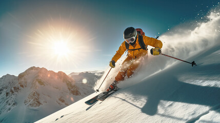 A spectacular photo capturing a skier descending the mountain under the high sun in the early afternoon