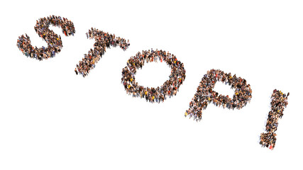 Concept or conceptual large community of people forming the word STOP. 3d illustration metaphor for physical and verbal  abuse, addiction, depression, counseling, assistance, suport and education