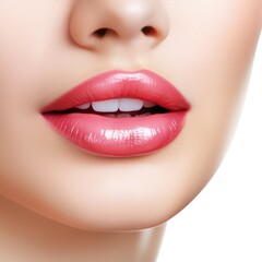 Obraz premium Closeup of beautiful glossy female lips isolated on white created with Generative AI