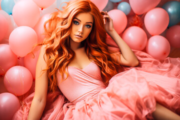 Obraz na płótnie Canvas Portrait d'une femme avec de long cheveux roux et une robe rose, assise devant des ballons, 