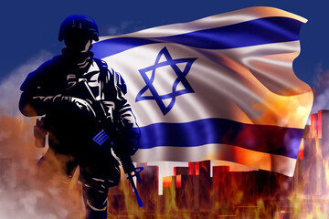 Military man with flag Israel. Member tsahal. Israeli defense force soldier. Jewish flag near fire and city buildings. Concept Israeli soldier participating in war. Israeli soldier in smoke. 3d image
