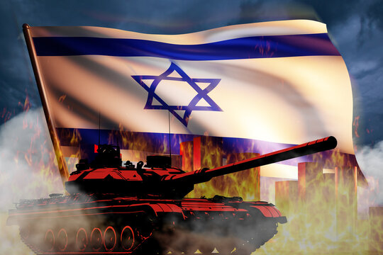 Tank near Israeli flag. Military equipment for war. Concept military operation in gaza sector. Armed conflict in Israel. Israel on fire. Burning tank from Israel for military operations. 3d image