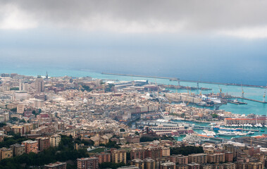 Obraz premium Aerial view of Genoa downtown seen from surrounding hills