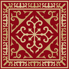 Vector red with gold Square Kazakh national ornament. Ethnic pattern of the peoples of the Great Steppe, Mongols, Kyrgyz, Kalmyks, Buryats..