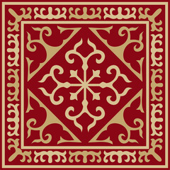 Vector red with gold Square Kazakh national ornament. Ethnic pattern of the peoples of the Great Steppe, Mongols, Kyrgyz, Kalmyks, Buryats..