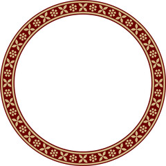 Vector round gold with red Indian national ornament. Ethnic plant circle, border. Frame, flower ring. Poppies and leaves..