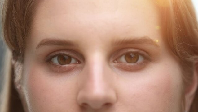 Close-up of a woman's eyes. Focus on eye retina. Beautiful brown eyes close up photo.