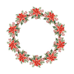 Poinsettia christmas decor watercolor painting wreath on white background