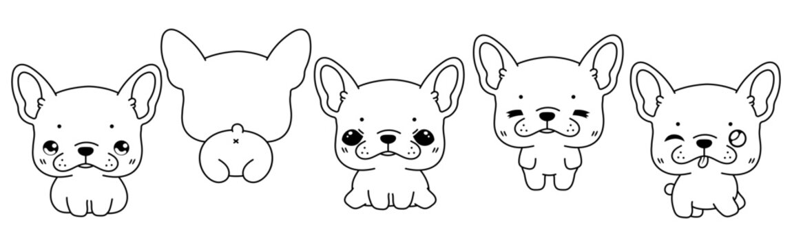 Set of Vector Cartoon Pet Coloring Page. Collection of Kawaii Isolated French Bulldog Dog Outline for Stickers, Baby Shower, Coloring Book, Prints for Clothes