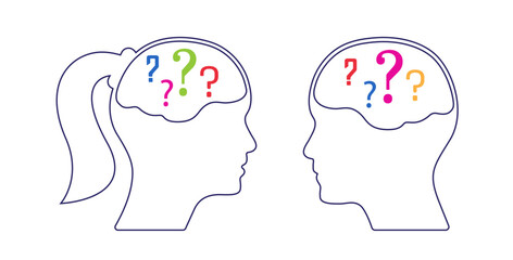 Human head, man, woman, brain question mark vector graphic isolated on white. Business concept illustration to use in questioning, asking, brainstorming, intelligence, psychology concept projects.