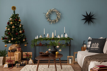 Christmas composition of warm living room interior with christmas tree, balls, gifts, wooden coffee...