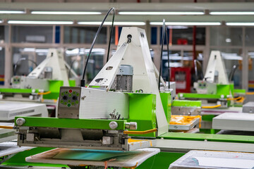 Printing area in textile factory in industrial zone in Ho Chi Minh City, Vietnam, with modern machinery and technology systems.
