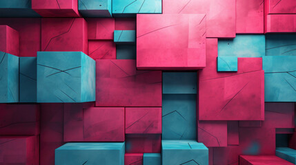 Concret as geometric blocks and cuboid in turquoise and pink pattern, in different layer with 3d effect, background, texture