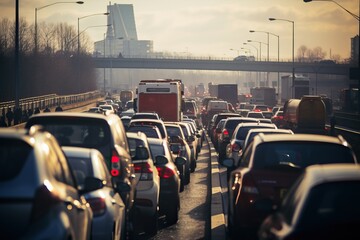 Traffic jams on the motorway during rush hour. - obrazy, fototapety, plakaty