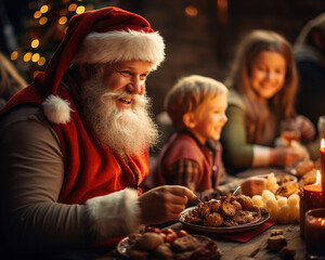 Festive Christmas dinner with Santa Claus - obrazy, fototapety, plakaty