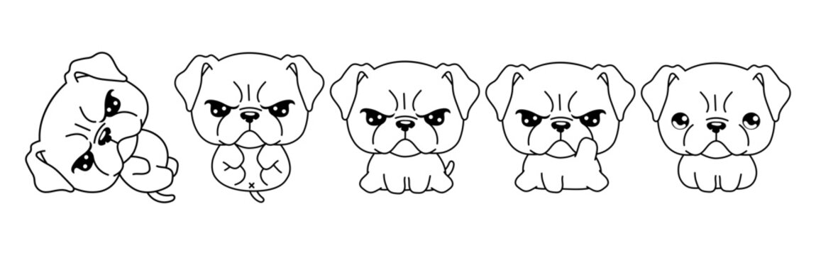 Set of Vector Cartoon Animal Coloring Page. Collection of Kawaii Isolated Boxer Puppy Outline for Stickers, Baby Shower, Coloring Book, Prints for Clothes