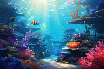 Fototapeta na wymiar Vibrant underwater scene with coral reefs, tropical fishes, and clear blue water.