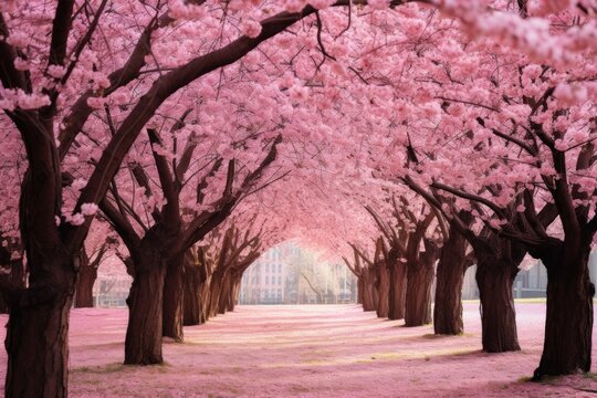 Vibrant pink cherry blossom trees during springtime.