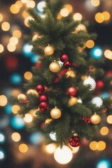 
christmas balls hanging on tree branch with out of focus background with christmas lights