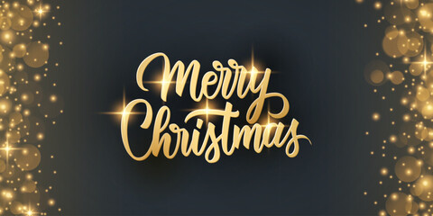 Merry Christmas celebration banner with gold colored hand lettering greetings and golden glittering sparks. Luxury holiday background. Vector illustration.