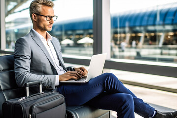 Homme d'affaires travaillant sur son ordinateur portable en attendant son avion dans l'aéroport - obrazy, fototapety, plakaty