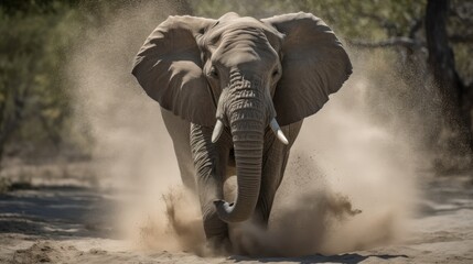 Elephant running through dust. Wildlife Concept With Copy Space