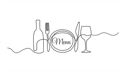 Continuous one single line drawing of plate, fork, knife, bottle of wine and glass. Restaurant menu. Menu food design. Vector illustration. - obrazy, fototapety, plakaty