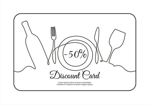 Hand drawn one line vector. Discount card or voucher fast food restaurant or delivery service, template design with one continuous linear food and drinks composition