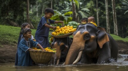Thai people and elephants in the river. Wildlife Concept With Copy Space