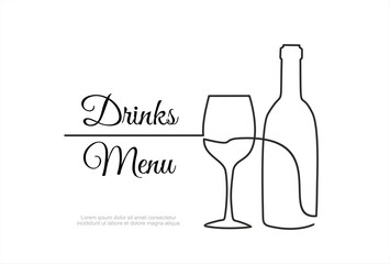 Drinks menu. Continuous one line drawing of glass with bottle wine . Illustration with quote template. Can used for logo, banner, booklet, flyer, brochure