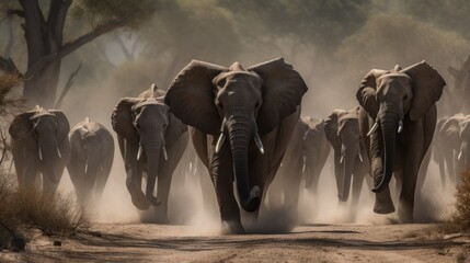 A herd of African Elephants. Wildlife Concept With Copy Space