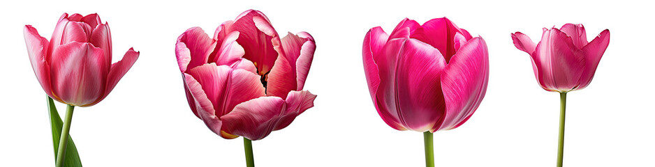 Set of dark pink tulip flowers, isolated on a transparent background. (PNG cutout or clipping path.)